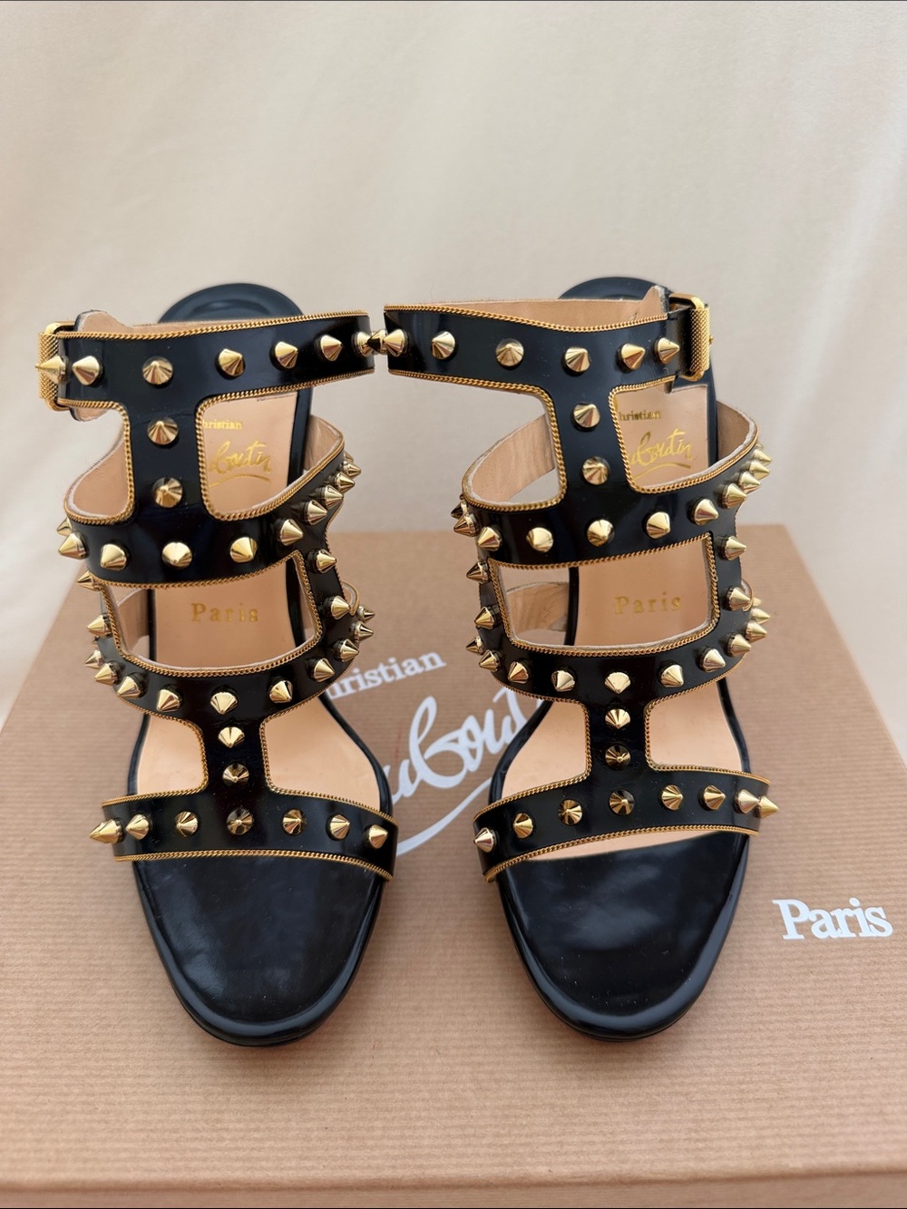 Christian Louboutin Black Leather Gold-Stud Multi-Strap Heels